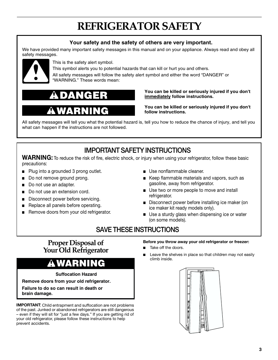 Safety, Refrigerator safety, Proper disposal of your old refrigerator | Important safety instructions, Save these instructions, Warning | KITCHENAID SIDE BY SIDE BUILT-IN REFRIGERATOR User Manual | Page 3 / 68