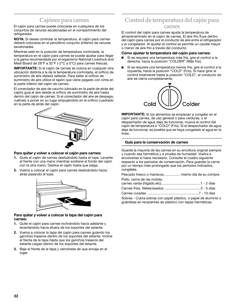 Cajónes para carnes, Control de temperatura del cajón para carnes | KITCHENAID SIDE BY SIDE BUILT-IN REFRIGERATOR User Manual | Page 32 / 68