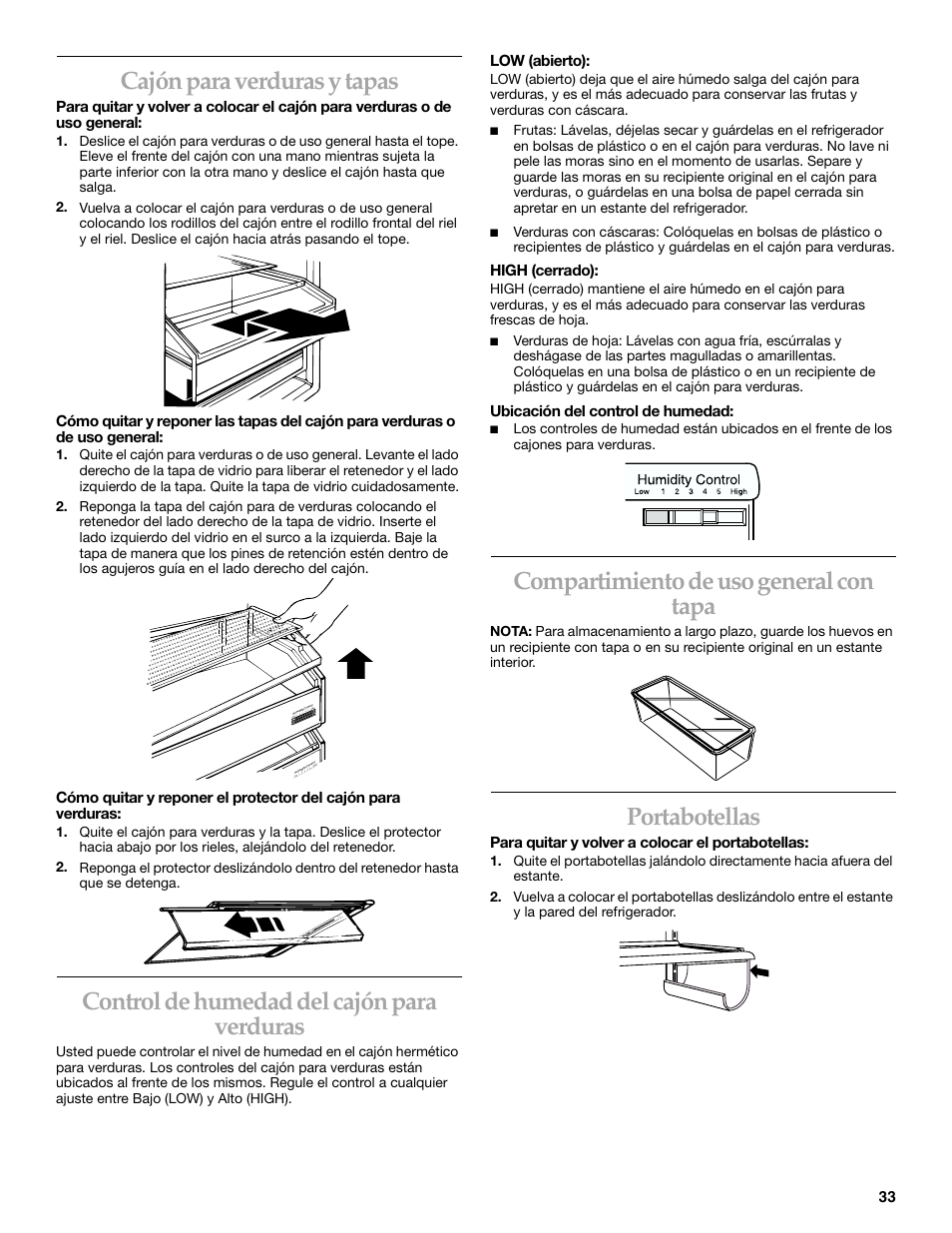 Cajón para verduras y tapas, Control de humedad del cajón para verduras, Compartimiento de uso general con tapa | Portabotellas | KITCHENAID SIDE BY SIDE BUILT-IN REFRIGERATOR User Manual | Page 33 / 68