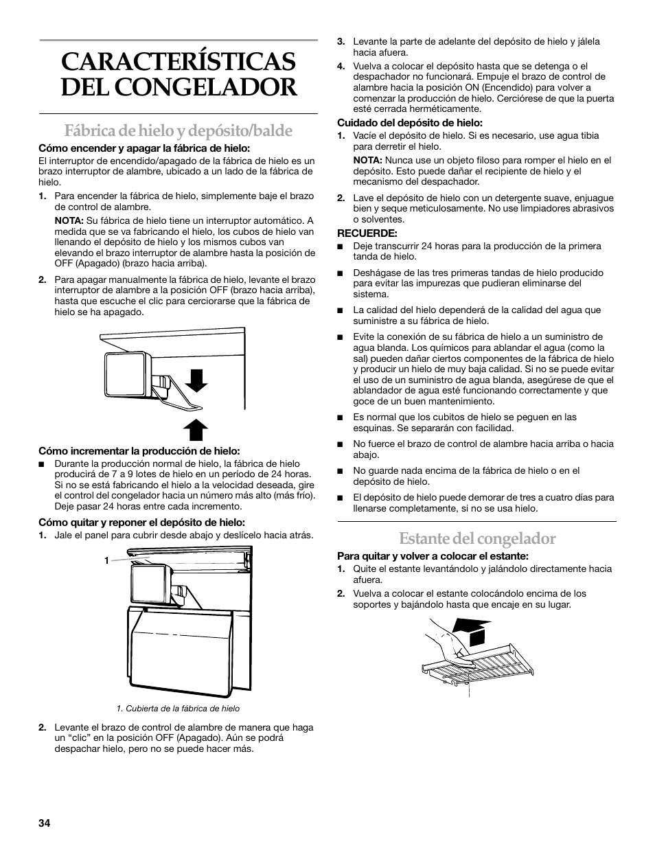 Características del congelador, Fábrica de hielo y depósito/balde, Estante del congelador | KITCHENAID SIDE BY SIDE BUILT-IN REFRIGERATOR User Manual | Page 34 / 68