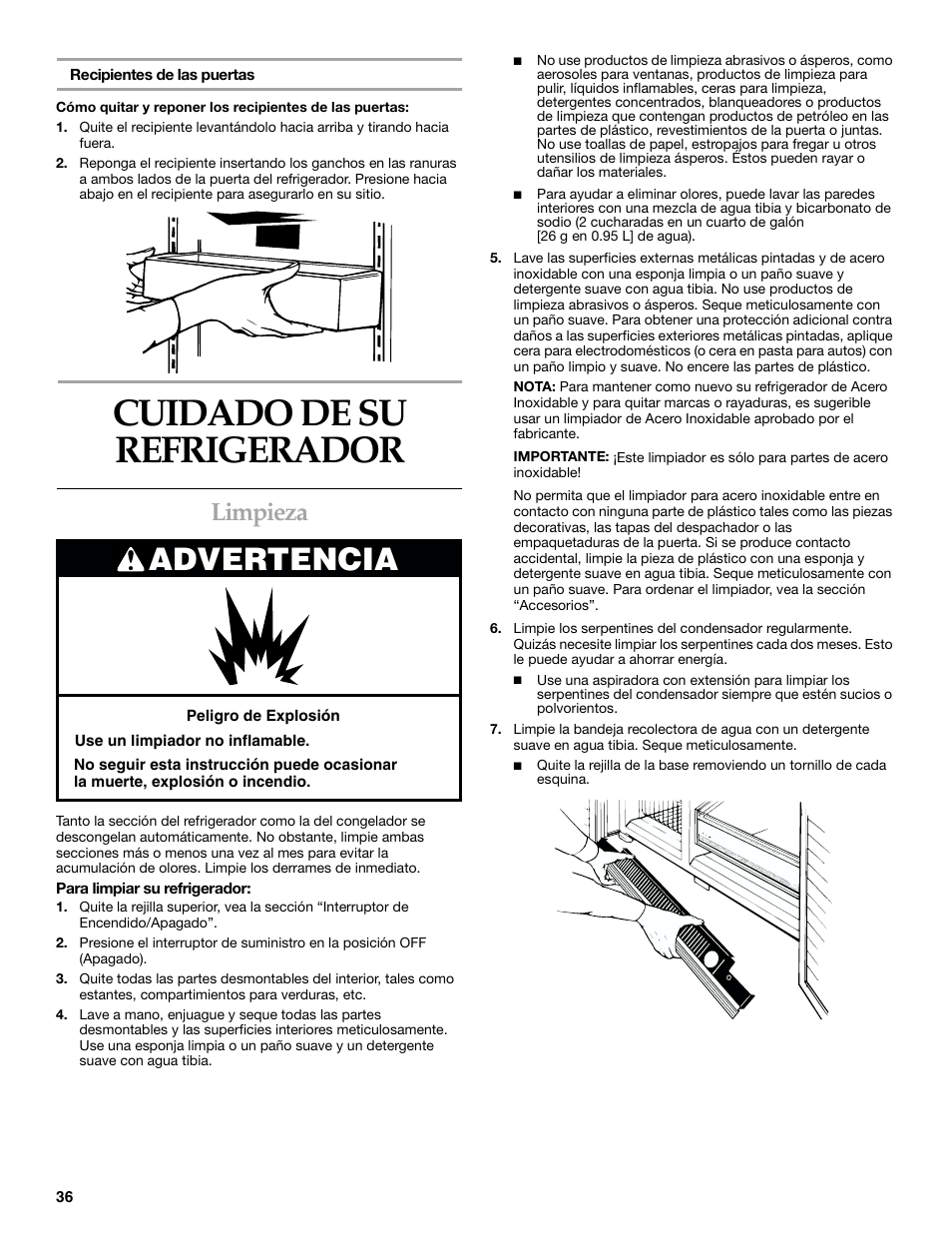 Cuidado de su refrigerador, Advertencia, Limpieza | KITCHENAID SIDE BY SIDE BUILT-IN REFRIGERATOR User Manual | Page 36 / 68