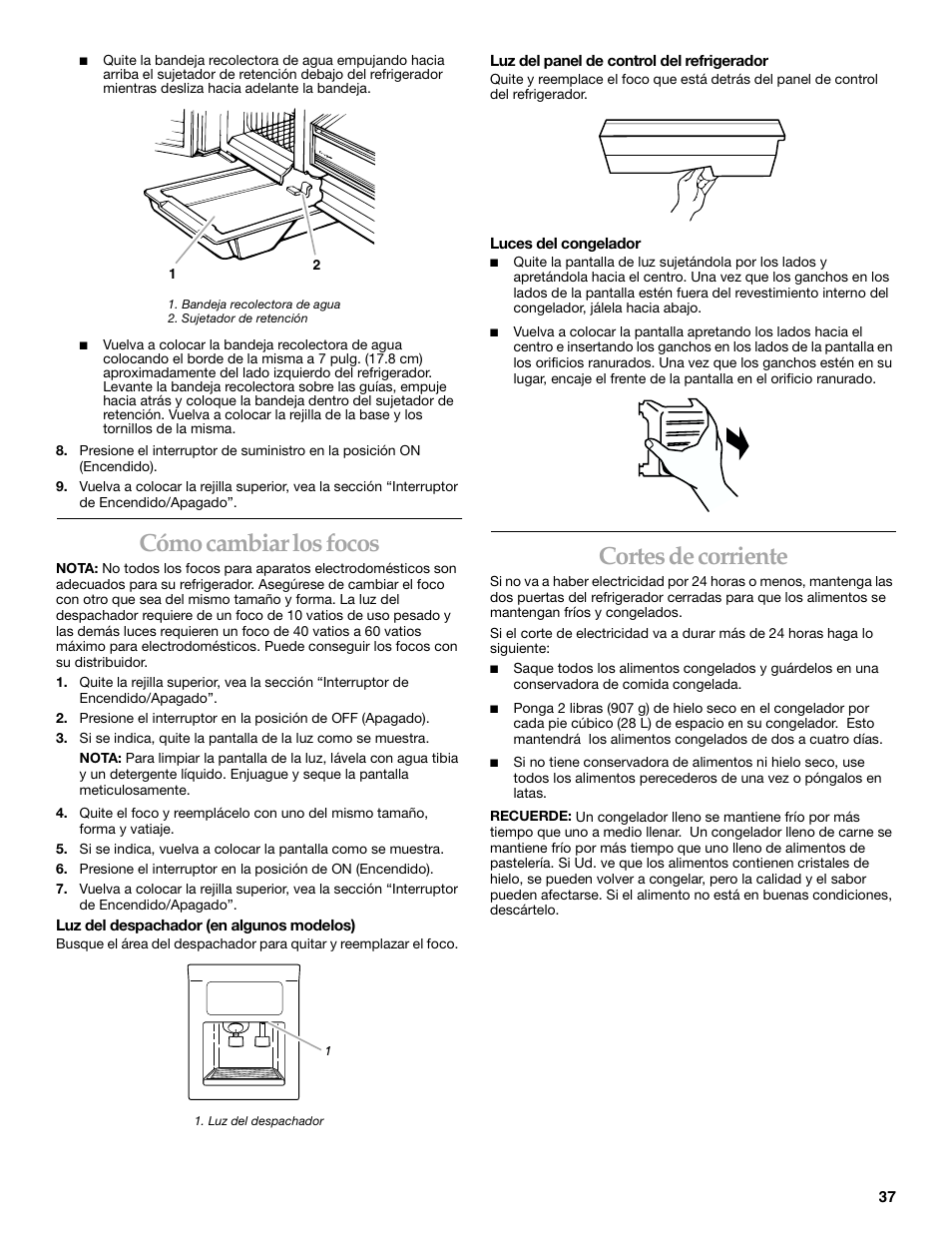 Cómo cambiar los focos, Cortes de corriente | KITCHENAID SIDE BY SIDE BUILT-IN REFRIGERATOR User Manual | Page 37 / 68