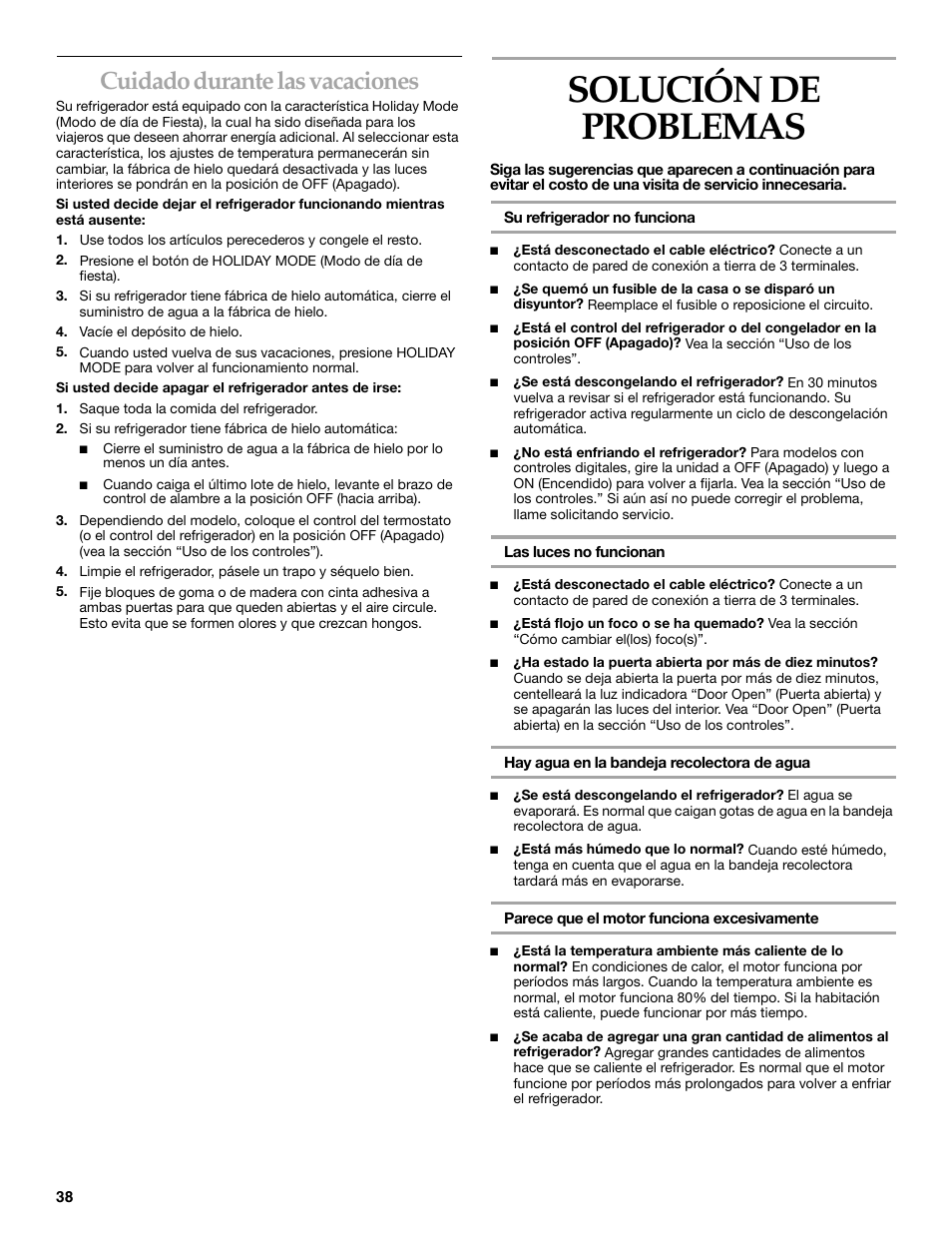 Solución de problemas, Cuidado durante las vacaciones | KITCHENAID SIDE BY SIDE BUILT-IN REFRIGERATOR User Manual | Page 38 / 68