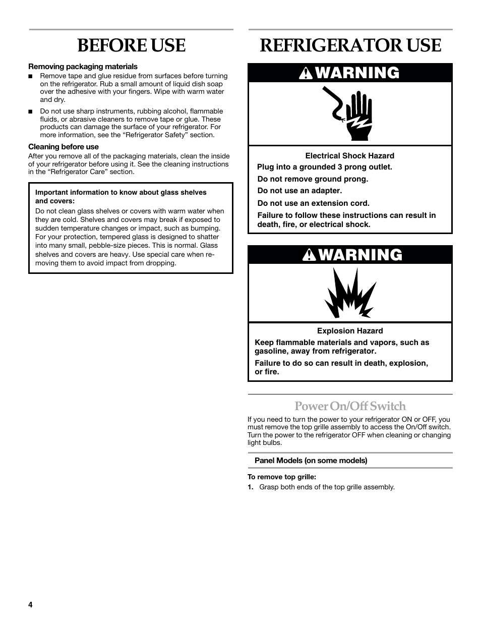 Before use, Refrigerator use, Warning | Power on/off switch | KITCHENAID SIDE BY SIDE BUILT-IN REFRIGERATOR User Manual | Page 4 / 68