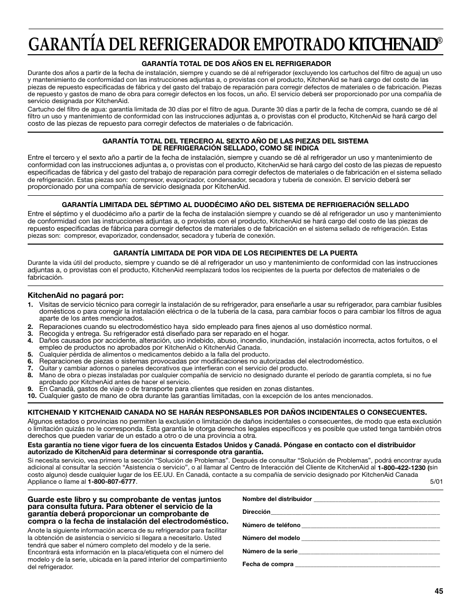 Garantía del refrigerador empotrado kitchenaid | KITCHENAID SIDE BY SIDE BUILT-IN REFRIGERATOR User Manual | Page 45 / 68