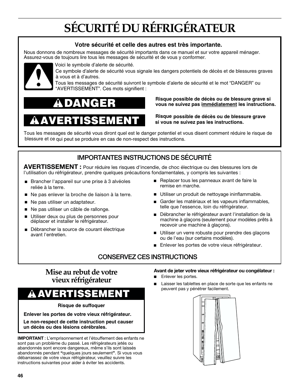 French version, Sécurité du réfrigérateur, Danger | Avertissement, Mise au rebut de votre vieux réfrigérateur, Importantes instructions de sécurité, Conservez ces instructions | KITCHENAID SIDE BY SIDE BUILT-IN REFRIGERATOR User Manual | Page 46 / 68