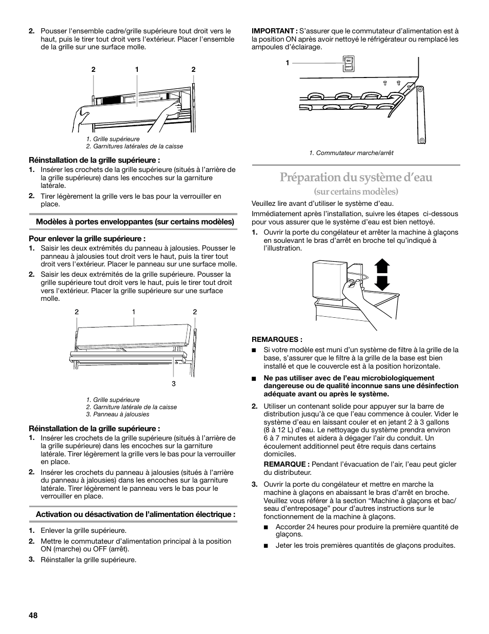 Préparation du système d’eau, Sur certains modèles) | KITCHENAID SIDE BY SIDE BUILT-IN REFRIGERATOR User Manual | Page 48 / 68