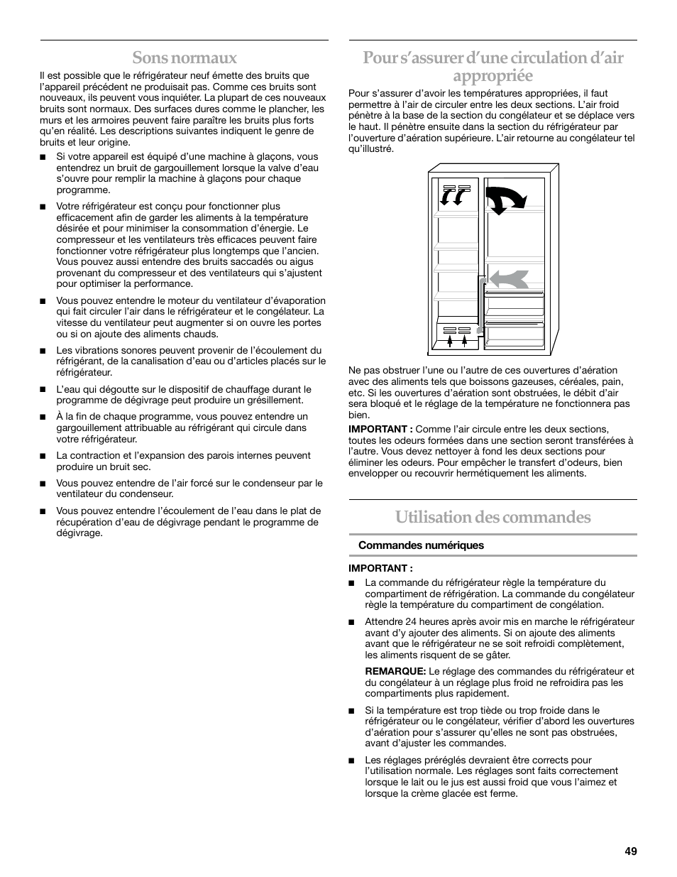 Sons normaux, Pour s’assurer d’une circulation d’air appropriée, Utilisation des commandes | KITCHENAID SIDE BY SIDE BUILT-IN REFRIGERATOR User Manual | Page 49 / 68