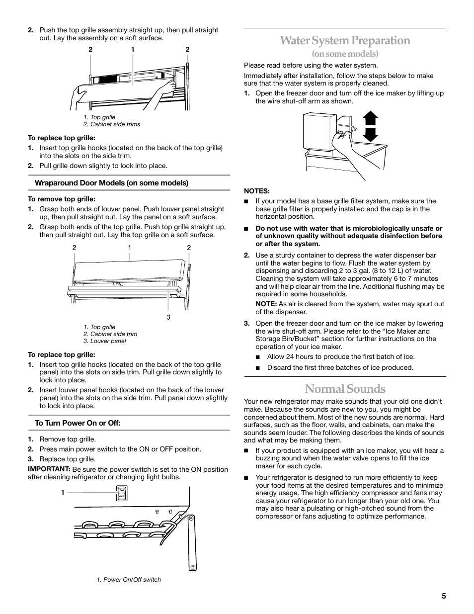 Water system preparation, Normal sounds, On some models) | KITCHENAID SIDE BY SIDE BUILT-IN REFRIGERATOR User Manual | Page 5 / 68
