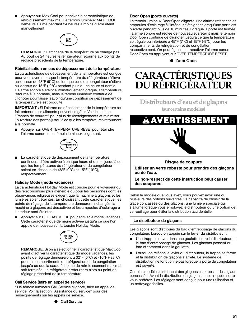 Caractéristiques du réfrigérateur, Avertissement, Distributeurs d’eau et de glaçons | KITCHENAID SIDE BY SIDE BUILT-IN REFRIGERATOR User Manual | Page 51 / 68