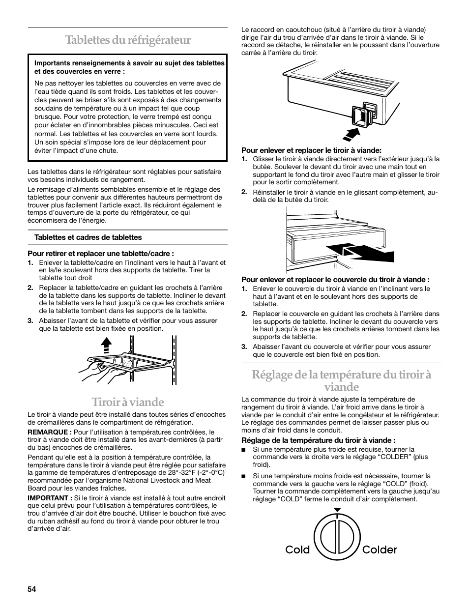 Tablettes du réfrigérateur, Tiroir à viande, Réglage de la température du tiroir à viande | KITCHENAID SIDE BY SIDE BUILT-IN REFRIGERATOR User Manual | Page 54 / 68