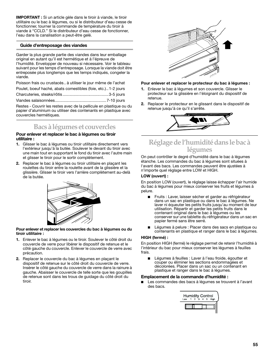 Bacs à légumes et couvercles, Réglage de l’humidité dans le bac à légumes | KITCHENAID SIDE BY SIDE BUILT-IN REFRIGERATOR User Manual | Page 55 / 68