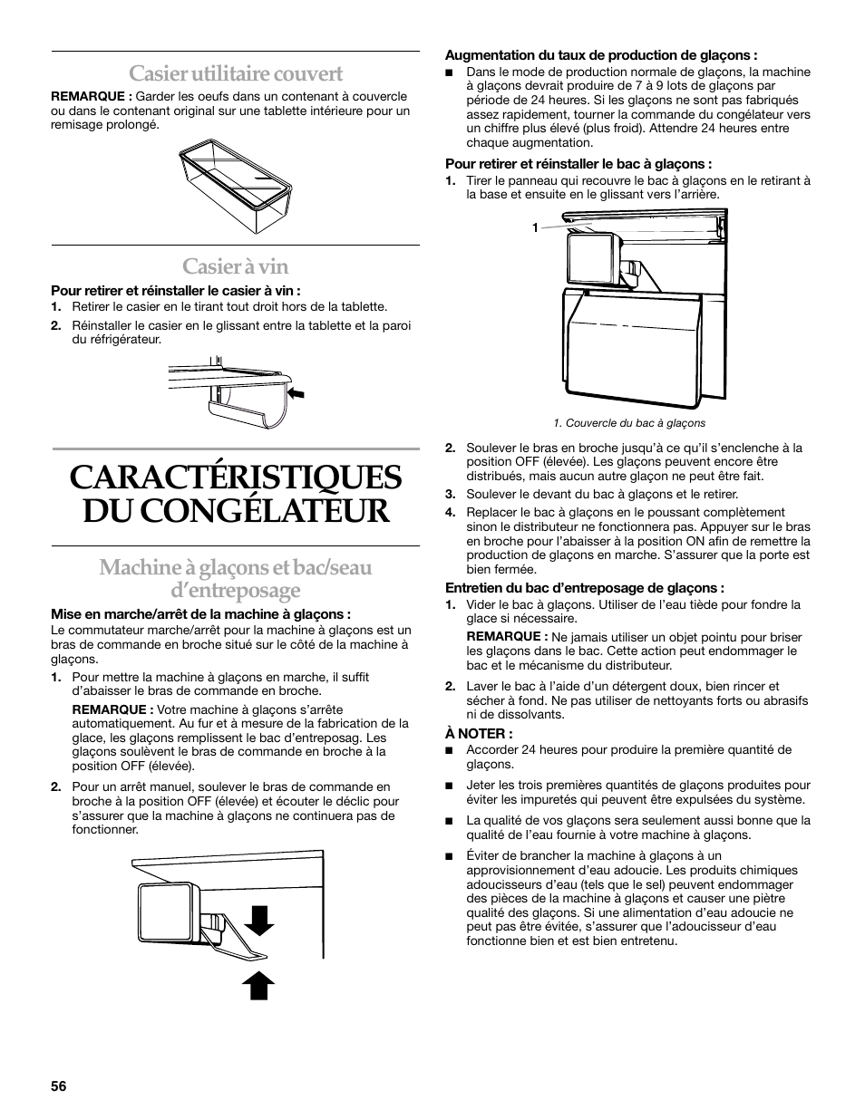 Caractéristiques du congélateur, Casier utilitaire couvert, Casier à vin | Machine à glaçons et bac/seau d’entreposage | KITCHENAID SIDE BY SIDE BUILT-IN REFRIGERATOR User Manual | Page 56 / 68