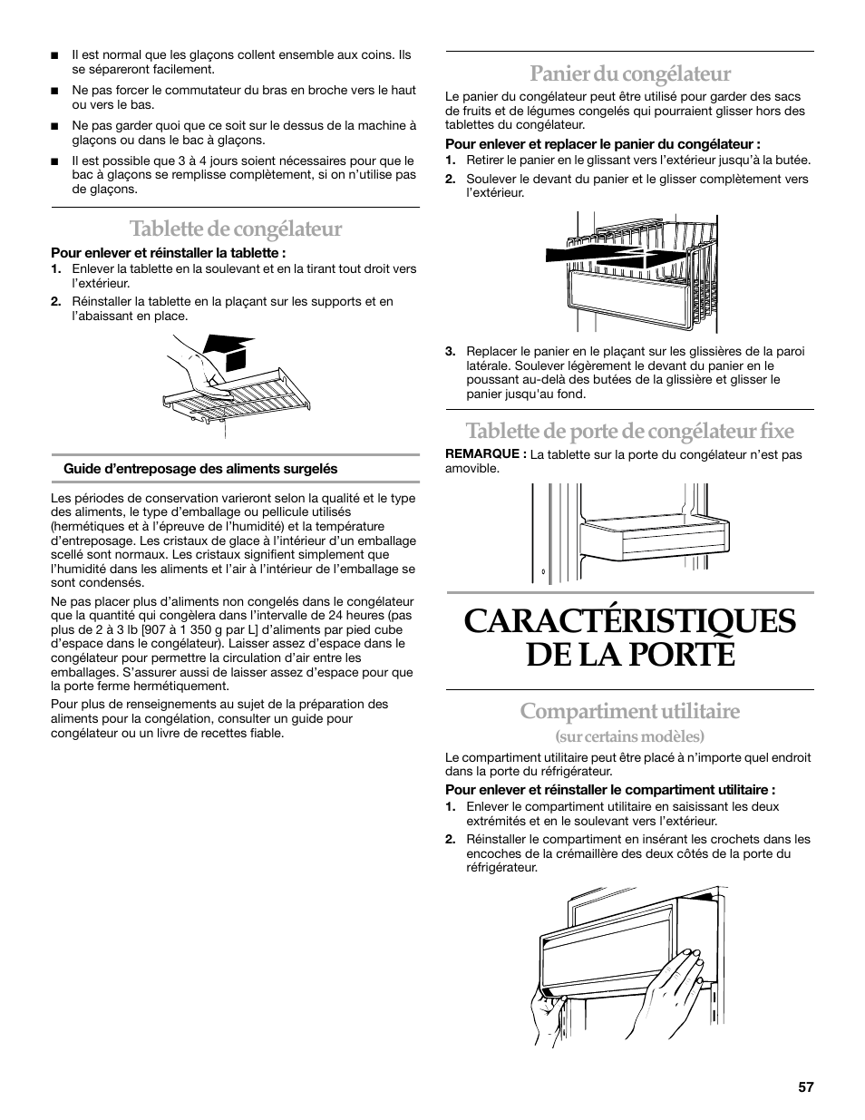 Caractéristiques de la porte, Tablette de congélateur, Panier du congélateur | Tablette de porte de congélateur fixe, Compartiment utilitaire | KITCHENAID SIDE BY SIDE BUILT-IN REFRIGERATOR User Manual | Page 57 / 68