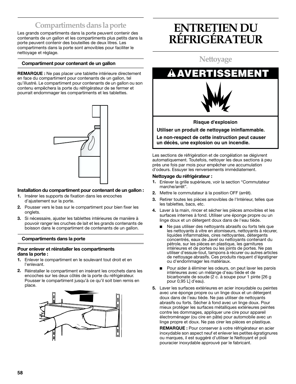 Entretien du réfrigérateur, Avertissement, Compartiments dans la porte | Nettoyage | KITCHENAID SIDE BY SIDE BUILT-IN REFRIGERATOR User Manual | Page 58 / 68