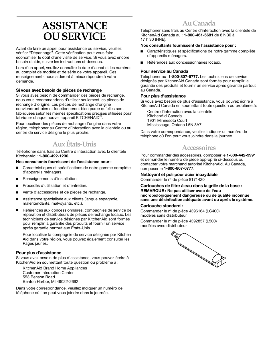 Assistance ou service, Aux états-unis, Au canada | Accessoires | KITCHENAID SIDE BY SIDE BUILT-IN REFRIGERATOR User Manual | Page 64 / 68