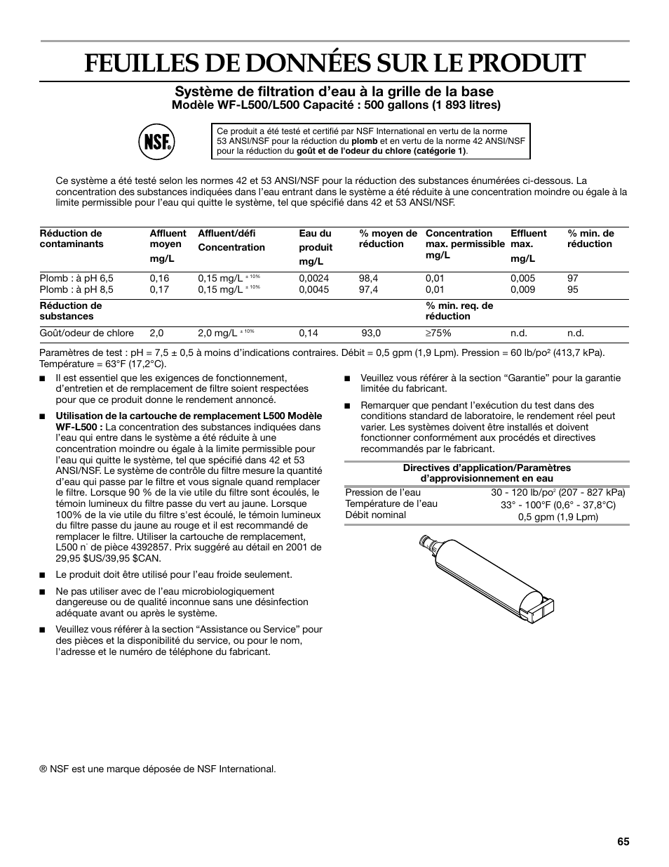 Feuilles de données sur le produit, Système de filtration d’eau à la grille de la base | KITCHENAID SIDE BY SIDE BUILT-IN REFRIGERATOR User Manual | Page 65 / 68