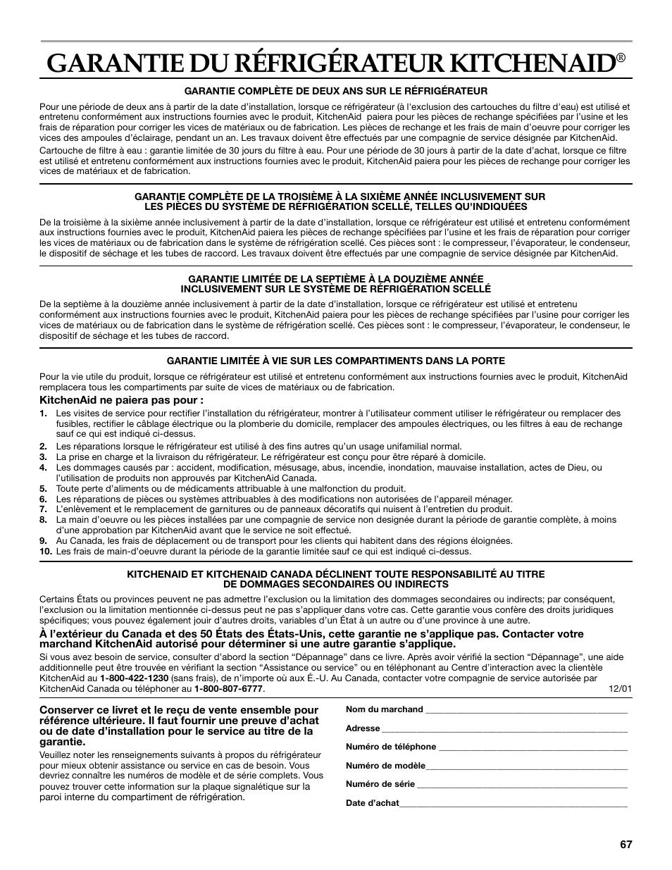 Garantie du réfrigérateur kitchenaid | KITCHENAID SIDE BY SIDE BUILT-IN REFRIGERATOR User Manual | Page 67 / 68