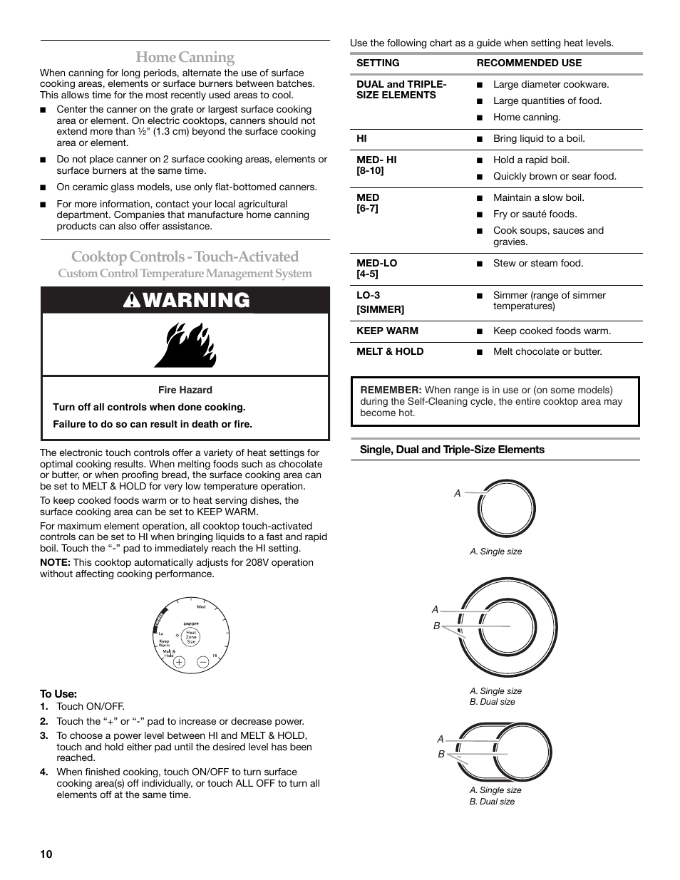 Warning, Home canning, Cooktop controls - touch-activated | Custom control temperature management system | KITCHENAID ARCHITECT YKERS807 User Manual | Page 10 / 32