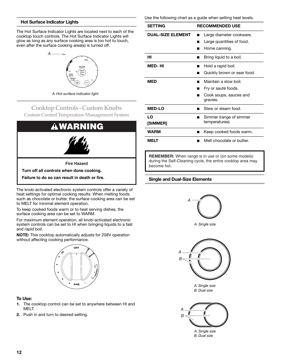 Warning, Cooktop controls - custom knobs, Custom control temperature management system | KITCHENAID ARCHITECT YKERS807 User Manual | Page 12 / 32