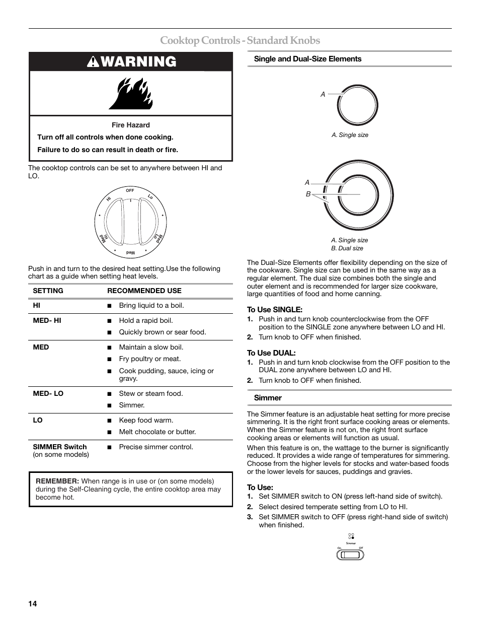 Warning, Cooktop controls - standard knobs | KITCHENAID ARCHITECT YKERS807 User Manual | Page 14 / 32