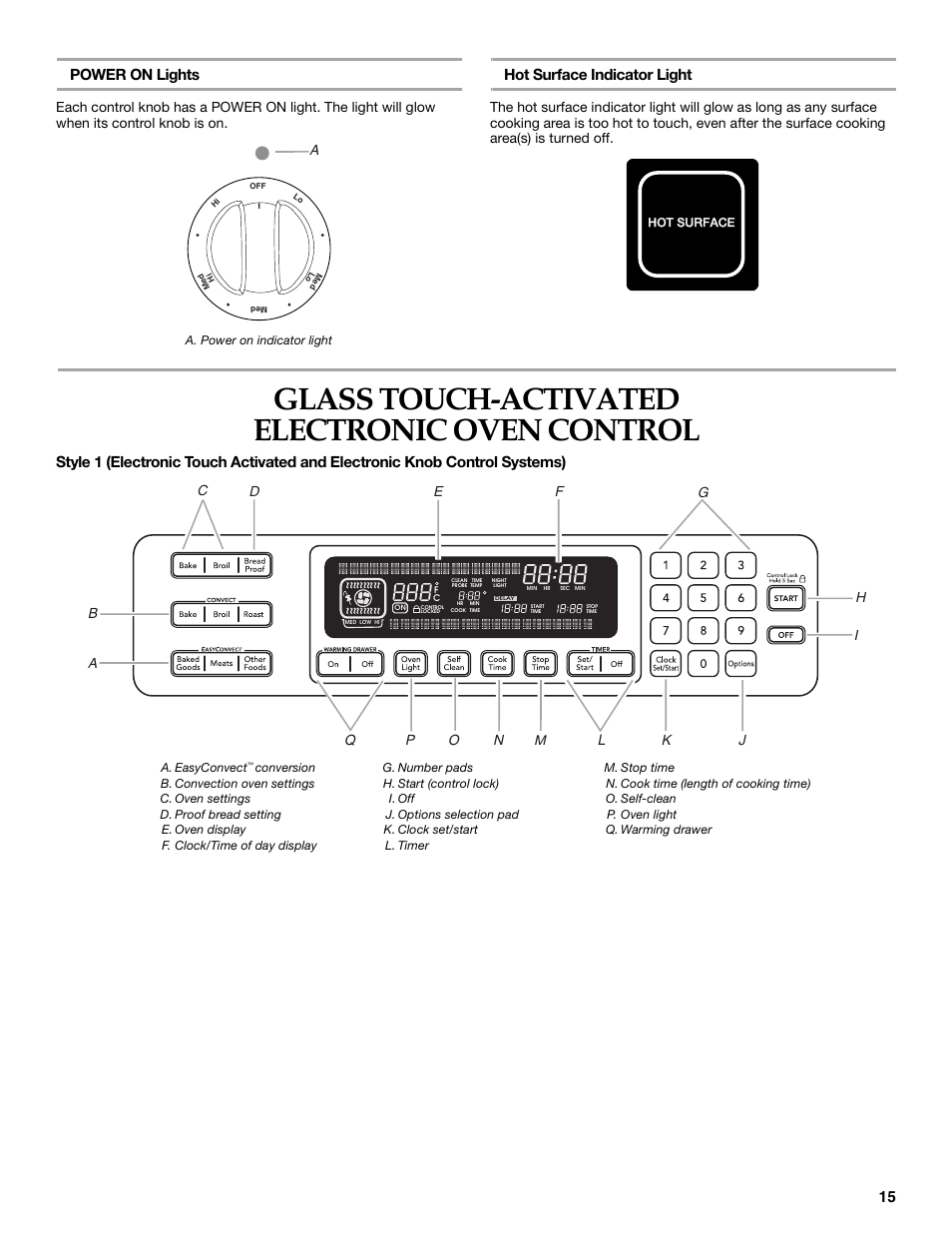 Glass touch-activated electronic oven control, 15 power on lights, Hot surface indicator light | KITCHENAID ARCHITECT YKERS807 User Manual | Page 15 / 32