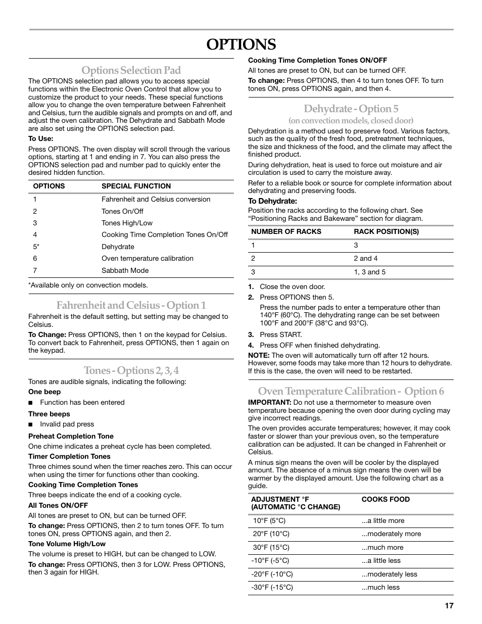 Options, Options selection pad, Fahrenheit and celsius - option 1 | Tones - options 2, 3, 4, Dehydrate - option 5, Oven temperature calibration - option 6 | KITCHENAID ARCHITECT YKERS807 User Manual | Page 17 / 32