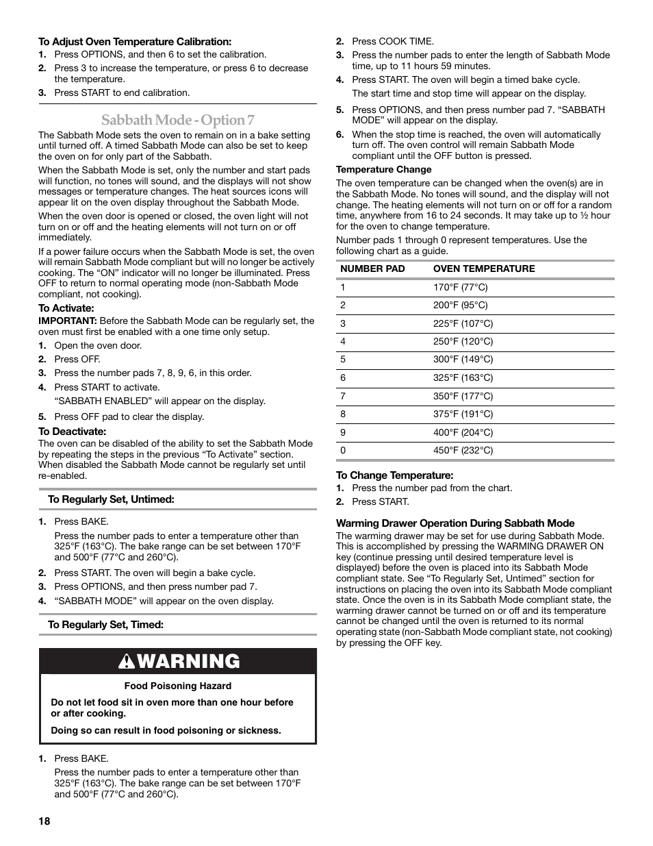 Warning, Sabbath mode - option 7 | KITCHENAID ARCHITECT YKERS807 User Manual | Page 18 / 32