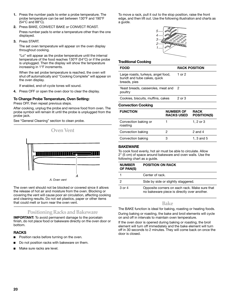 Oven vent, Positioning racks and bakeware, Bake | KITCHENAID ARCHITECT YKERS807 User Manual | Page 20 / 32