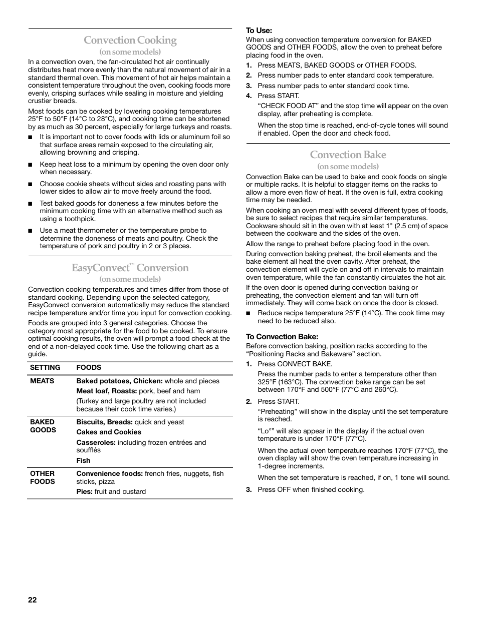 Convection cooking, Easyconvect, Conversion | Convection bake | KITCHENAID ARCHITECT YKERS807 User Manual | Page 22 / 32