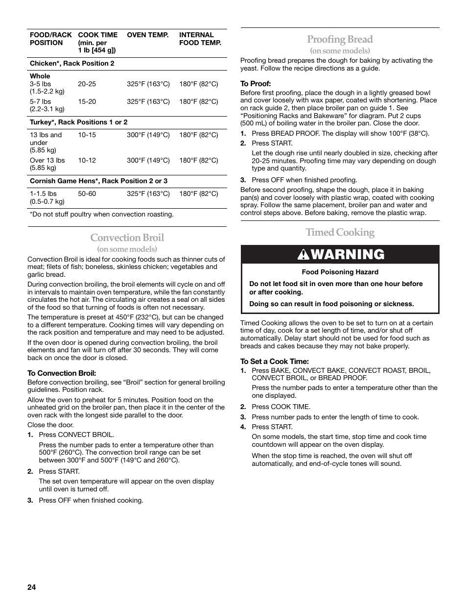 Warning, Convection broil, Proofing bread | Timed cooking | KITCHENAID ARCHITECT YKERS807 User Manual | Page 24 / 32
