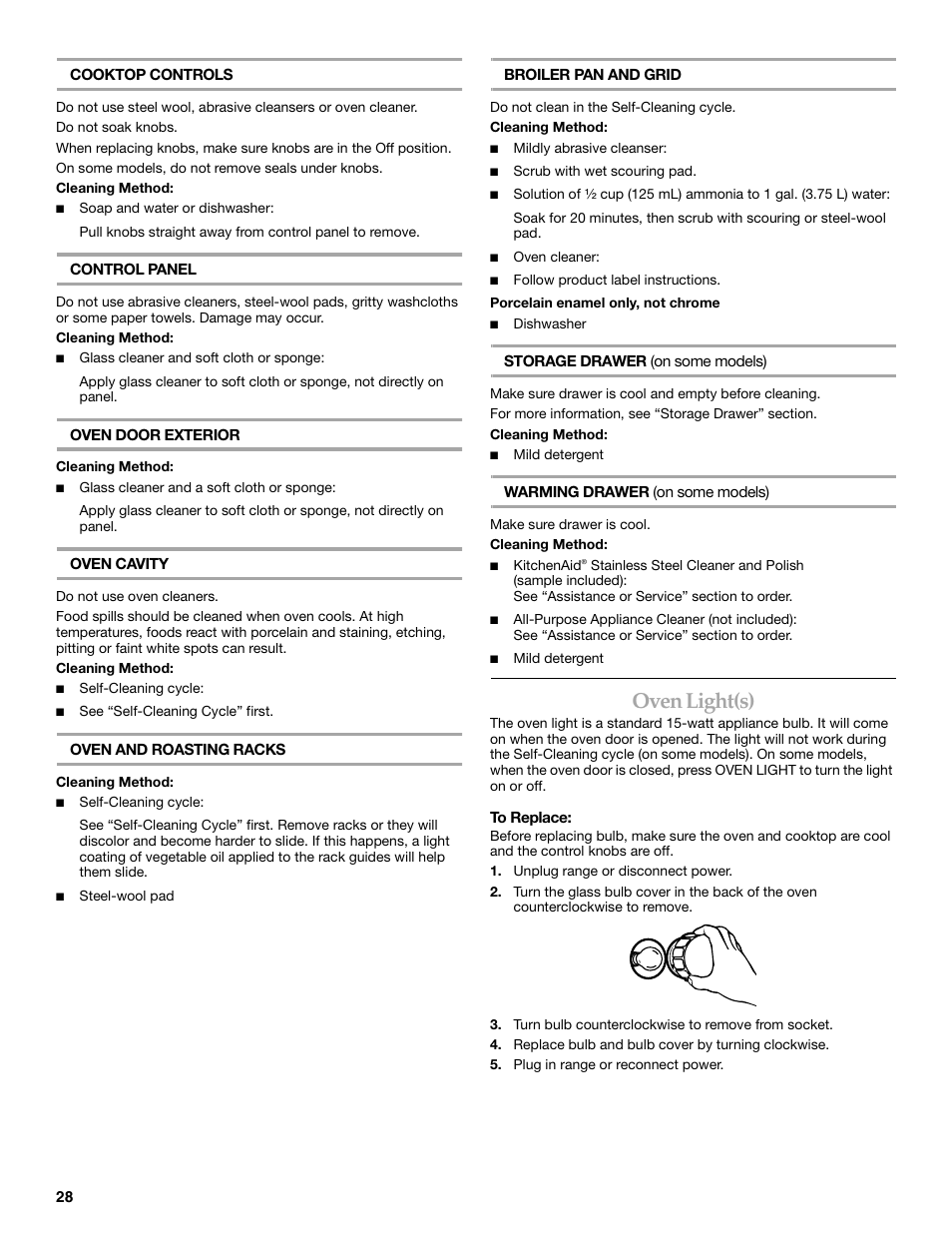 Oven light(s) | KITCHENAID ARCHITECT YKERS807 User Manual | Page 28 / 32