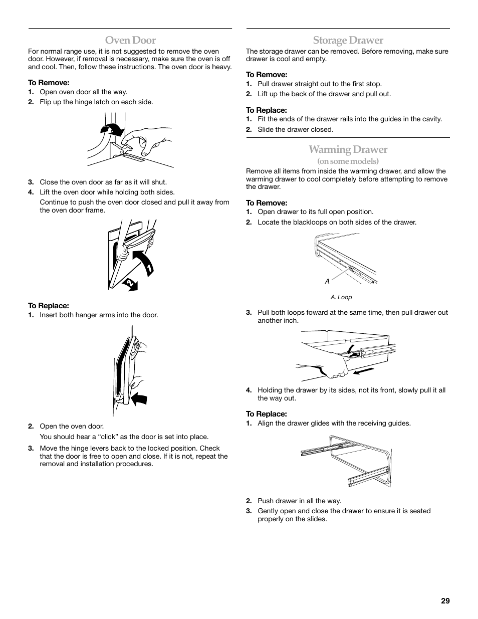 Oven door, Storage drawer, Warming drawer | KITCHENAID ARCHITECT YKERS807 User Manual | Page 29 / 32