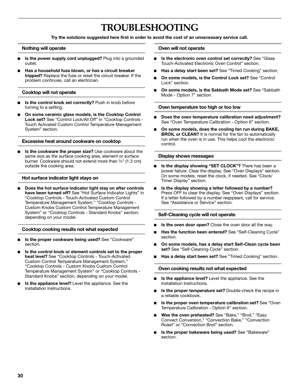 Troubleshooting | KITCHENAID ARCHITECT YKERS807 User Manual | Page 30 / 32