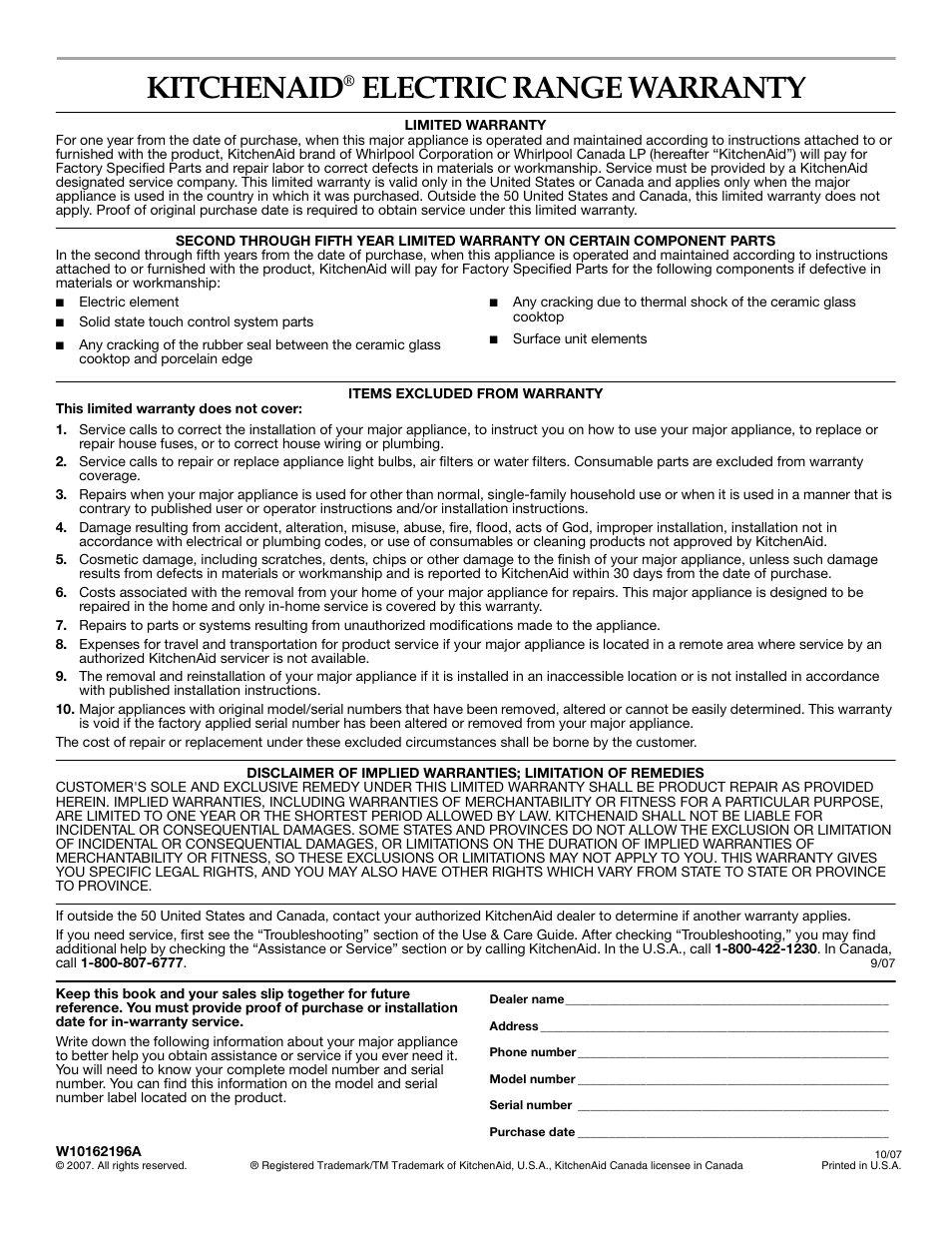 Kitchenaid, Electric range warranty | KITCHENAID ARCHITECT YKERS807 User Manual | Page 32 / 32