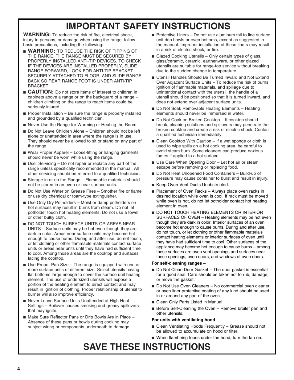 Warning, Caution | KITCHENAID ARCHITECT YKERS807 User Manual | Page 4 / 32