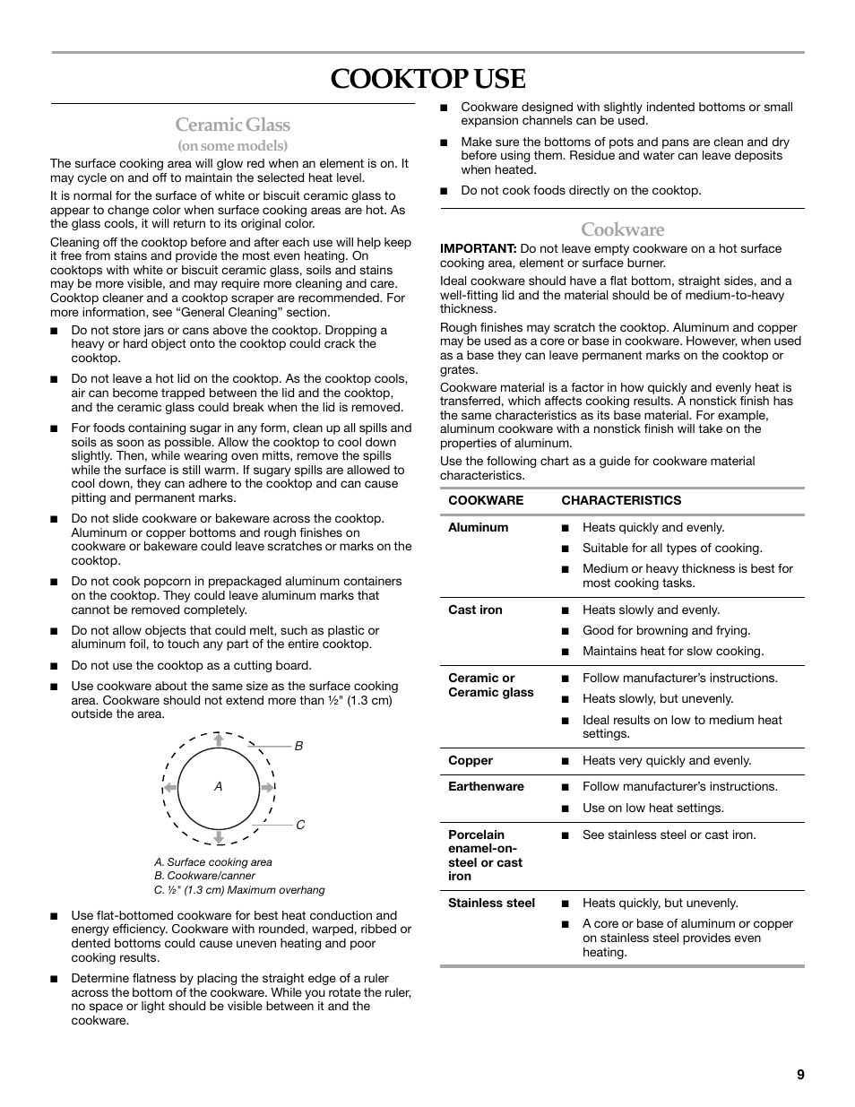 Cooktop use, Ceramic glass, Cookware | On some models) | KITCHENAID ARCHITECT YKERS807 User Manual | Page 9 / 32