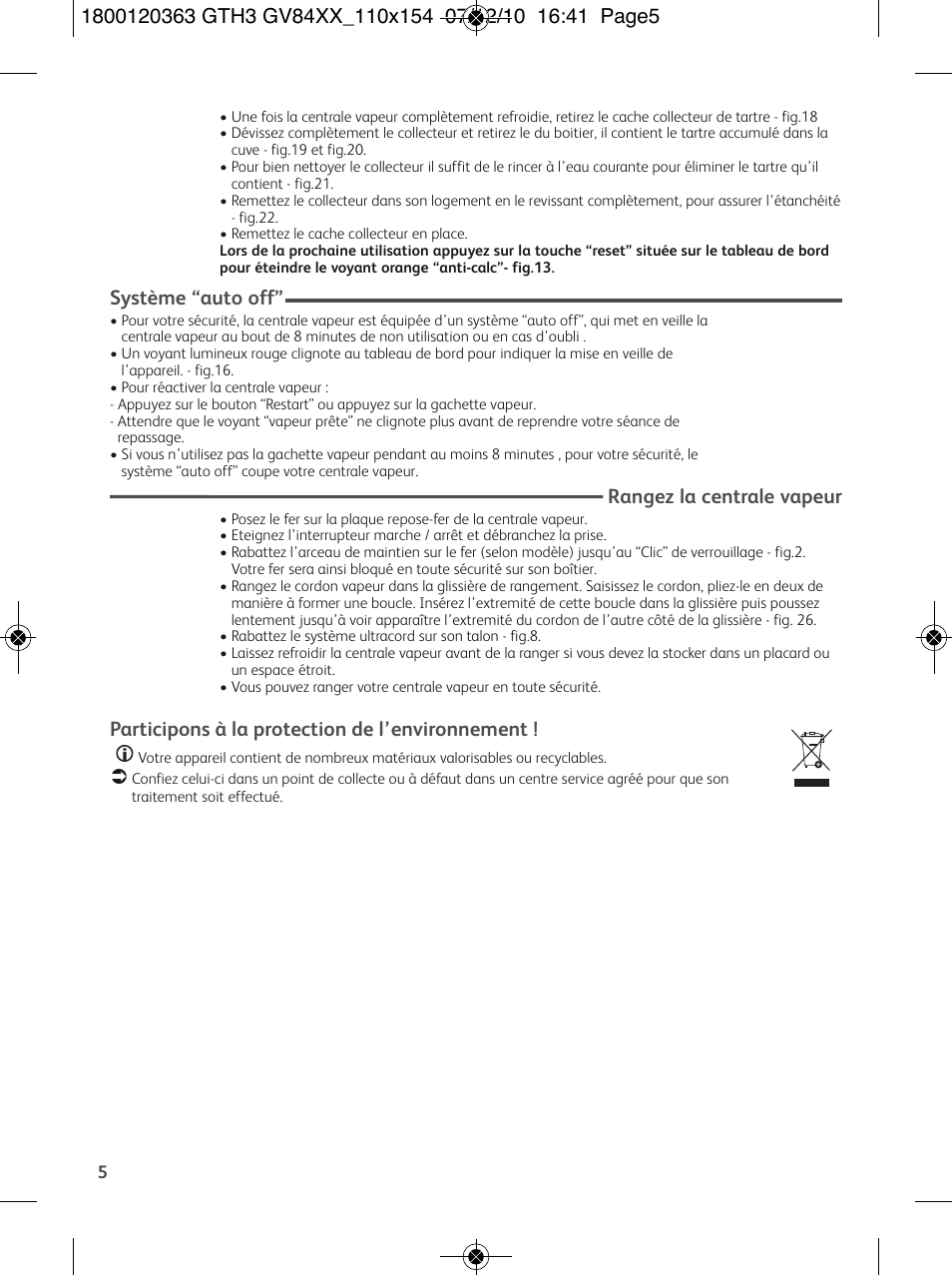 Système “auto off, Rangez la centrale vapeur, Participons à la protection de l’environnement | Tefal GV 8460E0 User Manual | Page 10 / 132