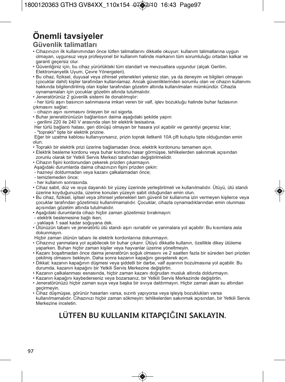 Önemli tavsiyeler, Lütfen bu kullanim kitapçi ğ ini saklayin, Güvenlik talimatları | Tefal GV 8460E0 User Manual | Page 102 / 132