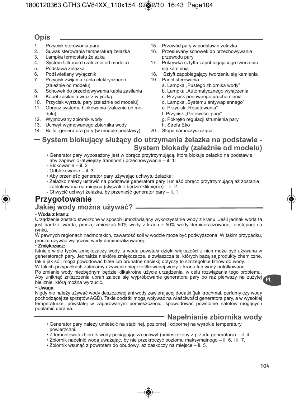 Przygotowanie, Opis, Jakiej wody można używać | Napełnianie zbiornika wody | Tefal GV 8460E0 User Manual | Page 109 / 132