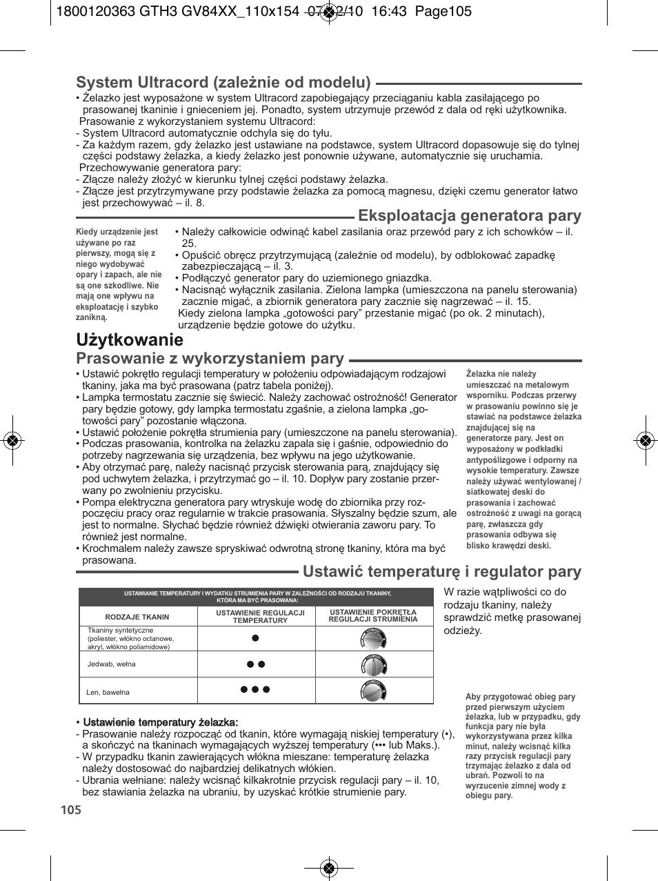 Użytkowanie, System ultracord (zależnie od modelu), Eksploatacja generatora pary | Prasowanie z wykorzystaniem pary, Ustawić temperaturę i regulator pary | Tefal GV 8460E0 User Manual | Page 110 / 132