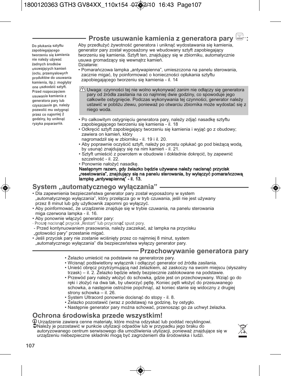 Proste usuwanie kamienia z generatora pary, System „automatycznego wyłączania, Przechowywanie generatora pary | Ochrona środowiska przede wszystkim | Tefal GV 8460E0 User Manual | Page 112 / 132