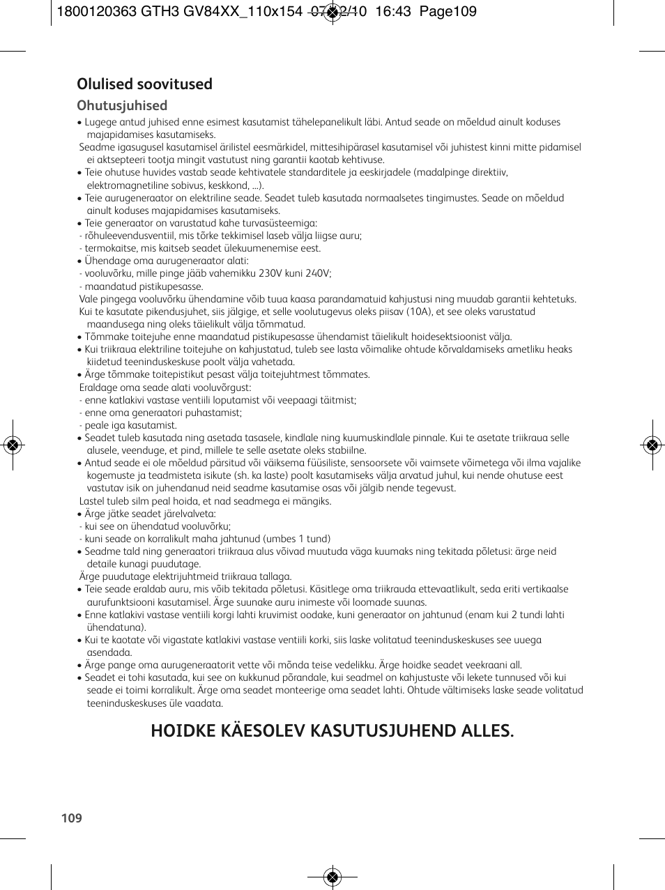 Hoidke käesolev kasutusjuhend alles, Olulised soovitused, Ohutusjuhised | Tefal GV 8460E0 User Manual | Page 114 / 132