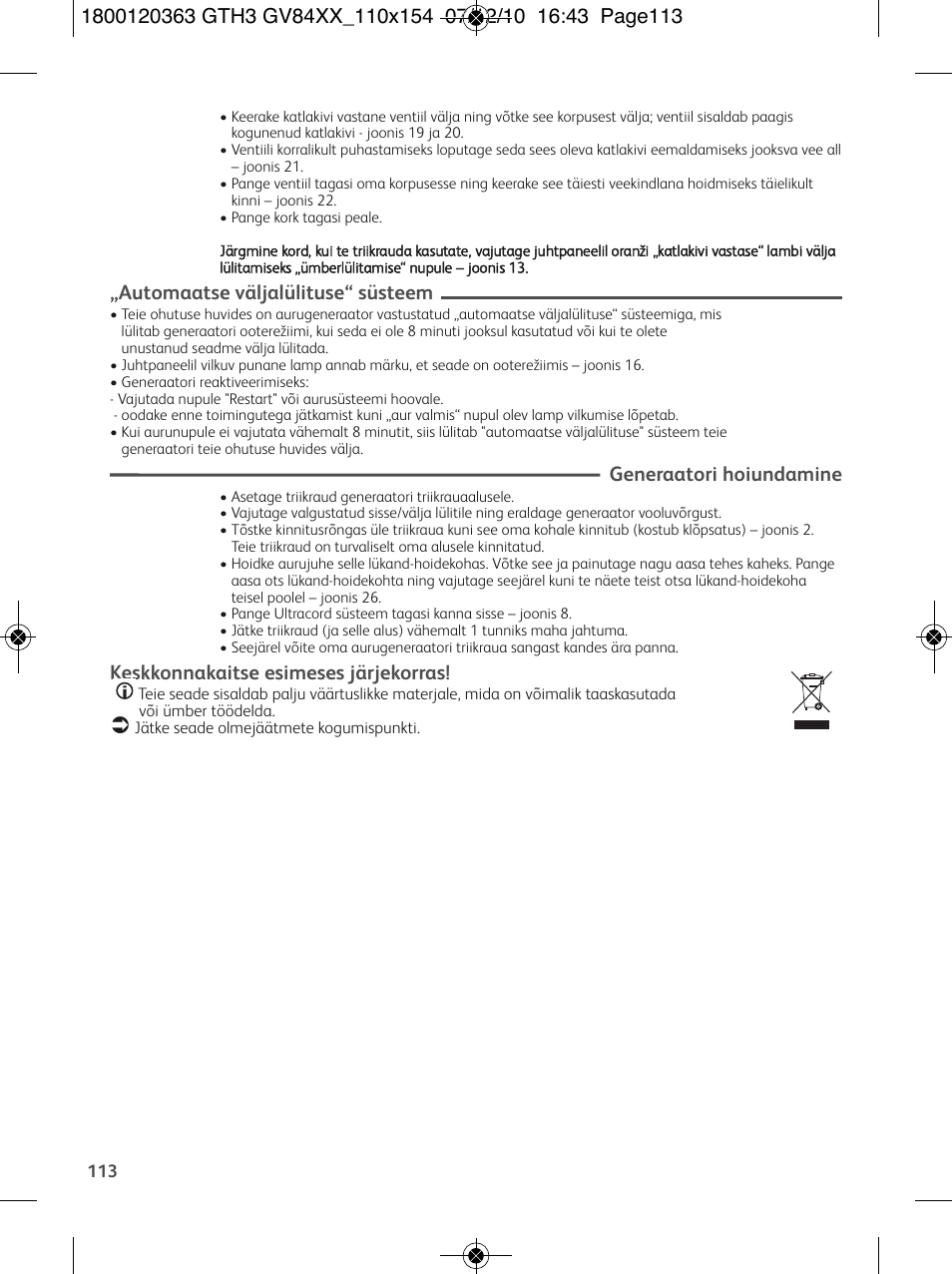 Automaatse väljalülituse“ süsteem, Generaatori hoiundamine, Keskkonnakaitse esimeses järjekorras | Tefal GV 8460E0 User Manual | Page 118 / 132