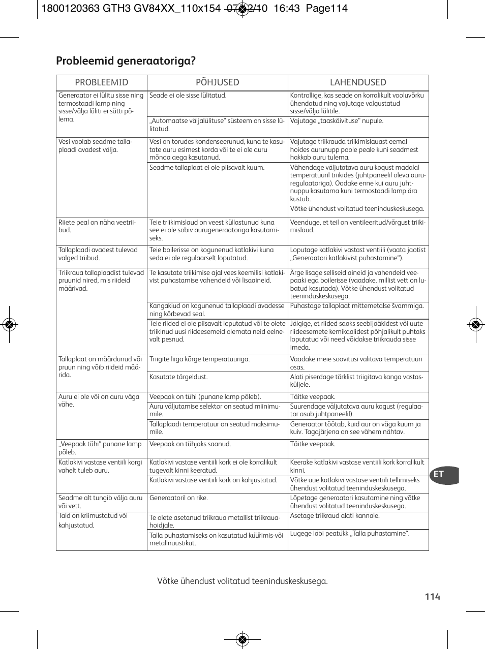 Probleemid generaatoriga | Tefal GV 8460E0 User Manual | Page 119 / 132