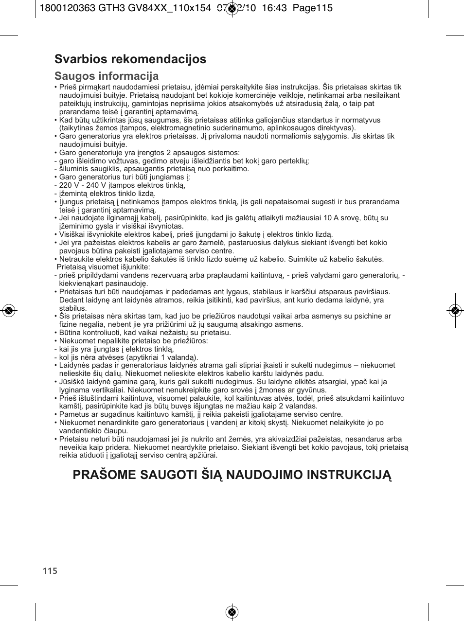 Svarbios rekomendacijos, Prašome saugoti šią naudojimo instrukciją, Saugos informacija | Tefal GV 8460E0 User Manual | Page 120 / 132