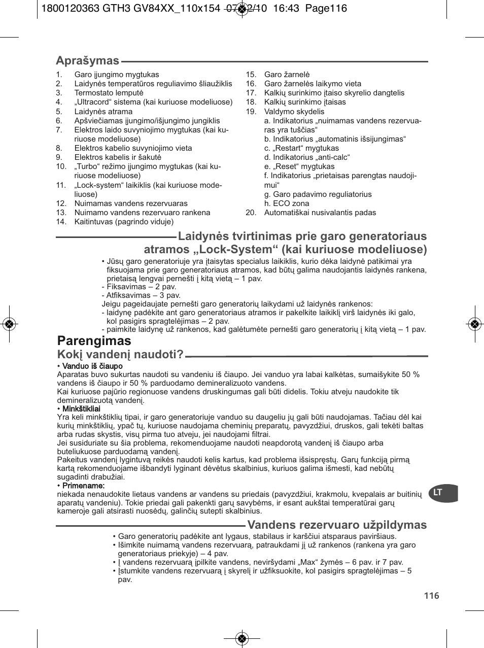 Parengimas, Aprašymas, Kokį vandenį naudoti | Vandens rezervuaro užpildymas | Tefal GV 8460E0 User Manual | Page 121 / 132