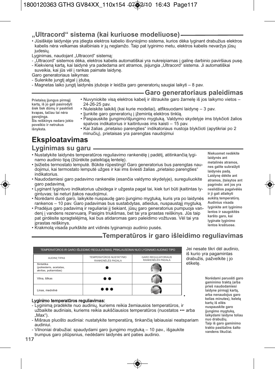 Eksploatavimas, Ultracord“ sistema (kai kuriuose modeliuose), Garo generatoriaus paleidimas | Lyginimas su garu, Temperatūros ir garo išleidimo reguliavimas | Tefal GV 8460E0 User Manual | Page 122 / 132