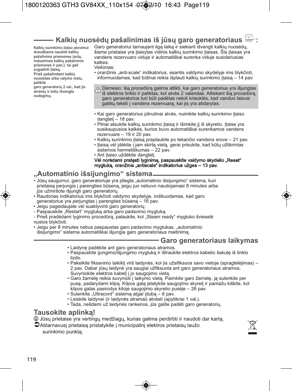 Automatinio išsijungimo“ sistema, Garo generatoriaus laikymas, Tausokite aplinką | Tefal GV 8460E0 User Manual | Page 124 / 132