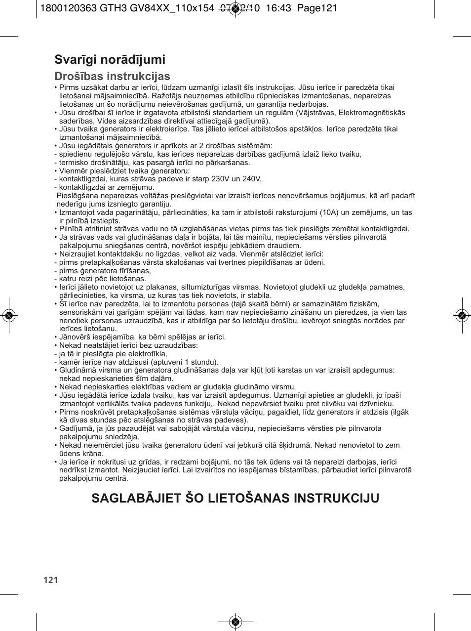 Svarīgi norādījumi, Saglabājiet šo lietošanas instrukciju, Drošības instrukcijas | Tefal GV 8460E0 User Manual | Page 126 / 132